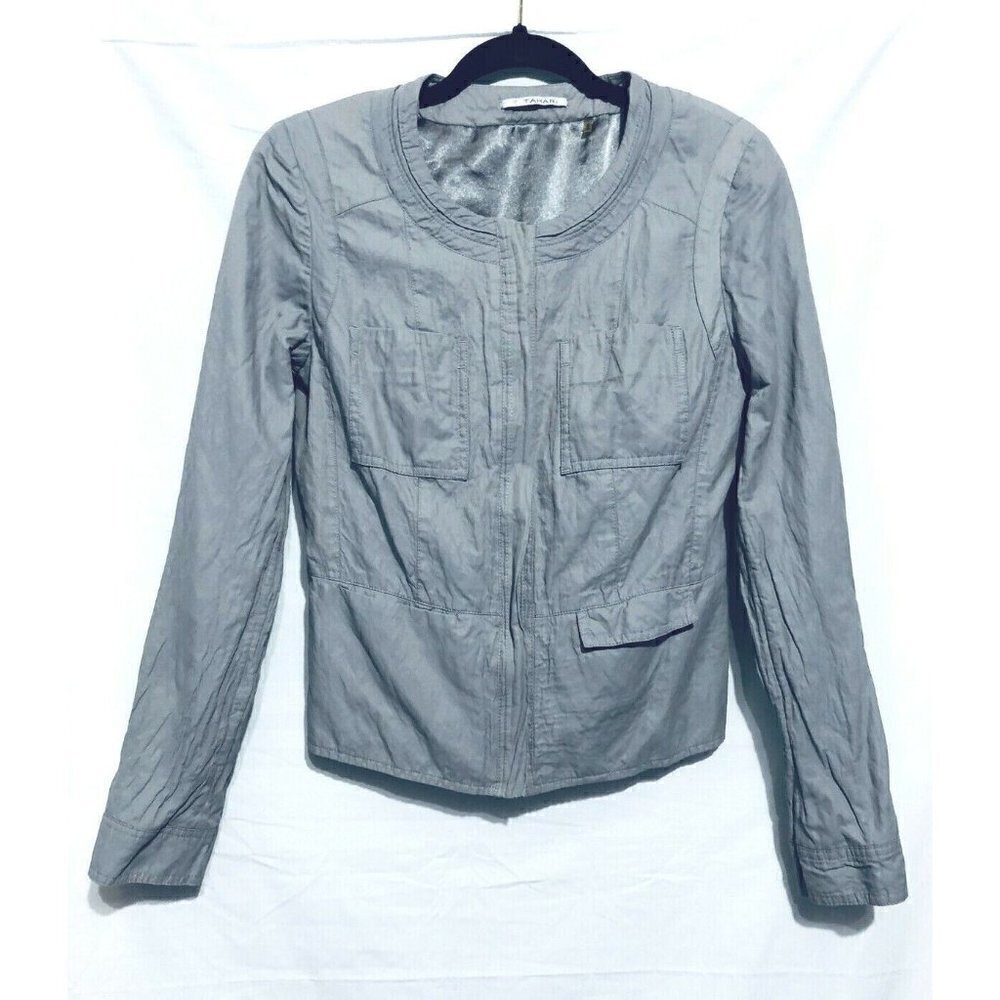 T Tahari Womens Small Gray Zip Jacket Wrinkled Cotton Metallic Boho